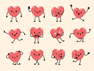 Cartoon cute heart character different poses vector set for design.