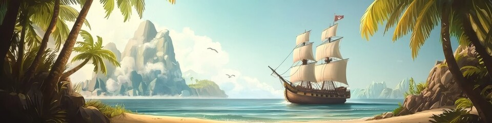 An adventurous scene unfolds with a pirate ship amidst a breathtaking island landscape.