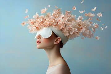 Woman with floral headpiece and eye mask against soft blue background in creative fashion display