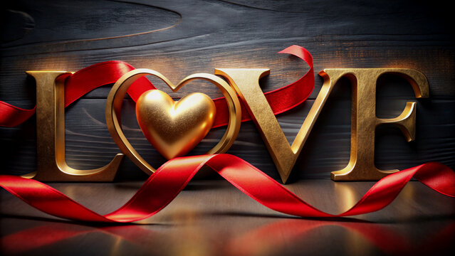 Golden Love inscription with red ribbon and heart, perfect for Valentine's Day