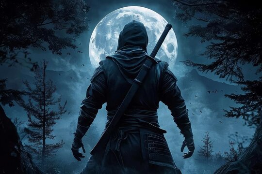 A silhouette of a ninja against a full moon in a dark landscape.