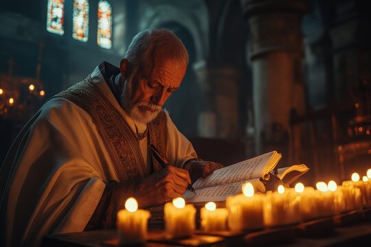 Priest writing in ancient church, candlelight