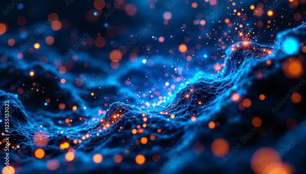 Poster abstract data stream with glowing particles and blue wavy background