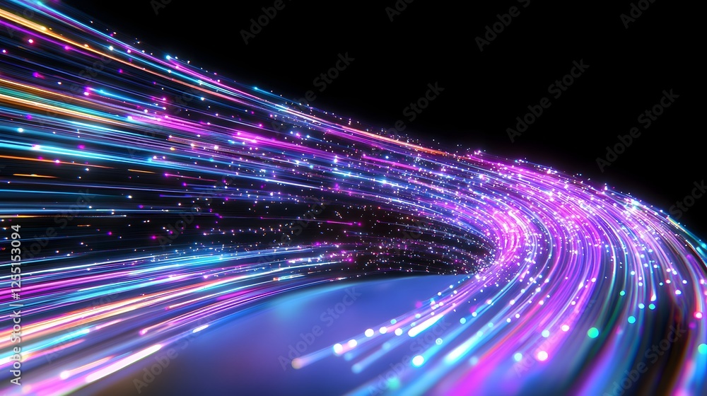 Poster colorful abstract light trails with bokeh effects on black background