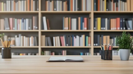 Quiet Study Space in a Library: Open Book, Pencils, and Plant on Wooden Desk