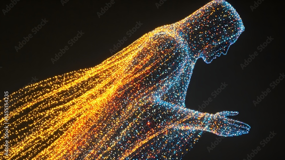 Poster ethereal figure created from vibrant particles in motion