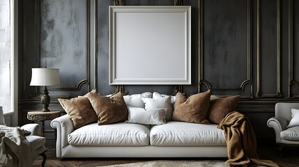 A neutral-toned modern interior with a white frame symmetrically placed above a cozy white couch.