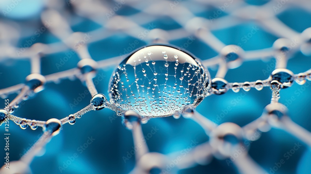 Aufkleber close up view of a clear sphere within a complex network of interconnected water droplets and lines.