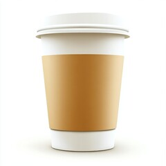 Disposable coffee cup, brown sleeve, white background, take away