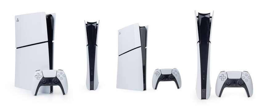 Dnipro Ukraine - dec 29, 2024: wireless white console PlayStation 5 slim and gamepad on white background
