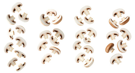 Mushroom pieces falling down set PNG. Sliced mushrooms dropping from above, perfect for organic food and culinary themes PNG. Various mushroom slices flying isolated