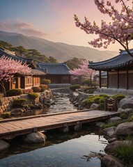 Obraz premium Spring Sunrise Over Korean Hanok Village with Cherry Blossoms