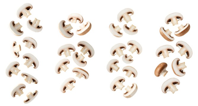 Mushroom pieces falling down set PNG. Sliced mushrooms dropping from above, perfect for organic food and culinary themes PNG. Various mushroom slices flying isolated