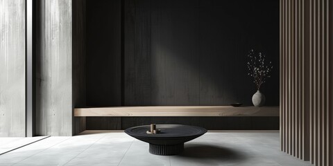 A contemporary minimalist design with a charcoal black background, Simple shapes and soft shadows, Japanese minimalist style