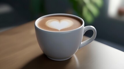 Obraz premium A white coffee mug with a heart shaped latte art design, sits on a light brown wooden table. Warm lighting illuminates the mug, showcasing the