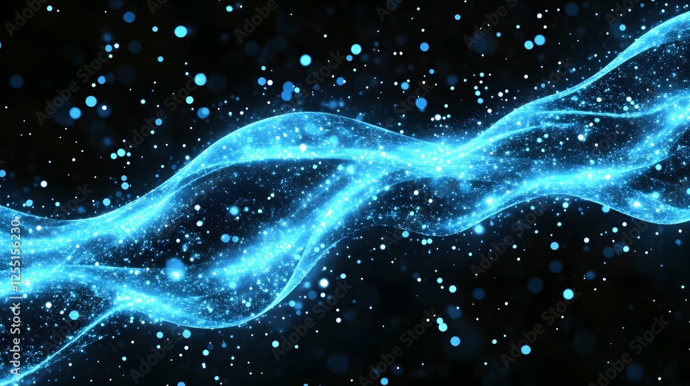 Poster glowing blue waves with sparkles and bokeh on a dark background