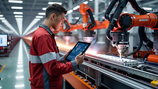 Engineer Using Tablet to Monitor Automated Robotic Arms on a Smart Assembly Line in a High-Tech Industrial Factory

