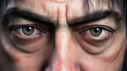 Fototapeta premium Close up portrait of a man's face, focusing on his eyes and forehead. The skin texture is detailed, showing fine lines and pores. The eyes are a