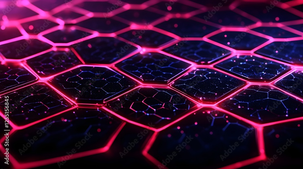 Poster abstract hexagonal pattern with neon glow in dark background
