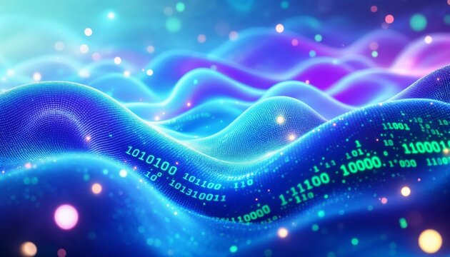 Abstract digital landscape with binary code and glowing particles illustration