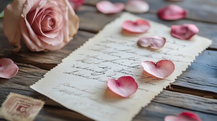 Vintage love letter adorned with delicate rose petals on wooden planks