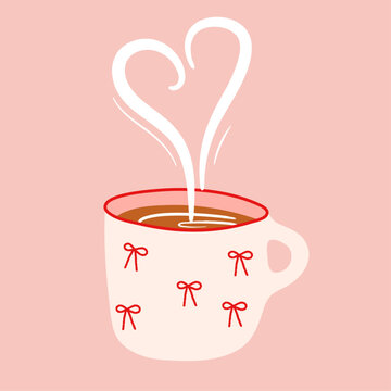 Mug with Heart-shaped steam rising from a cup. Vector Illustrations.
