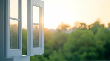 Open Window with Sunset View and Lush Green Trees