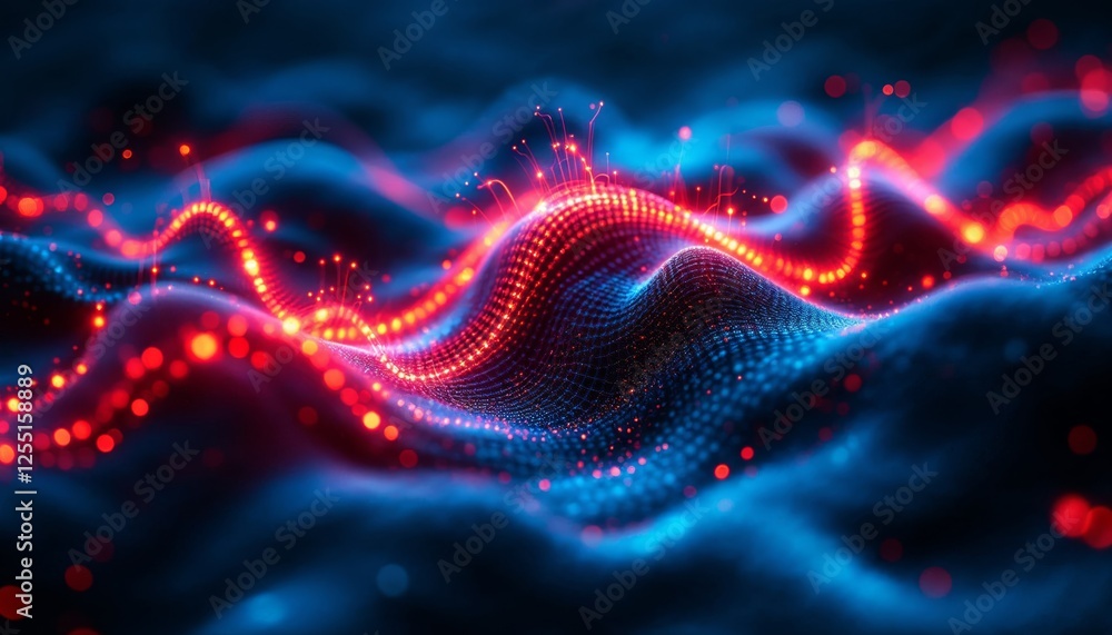 Poster abstract digital landscape with glowing red waves and blue particle flow