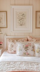 A peach and cream bedroom with floral prints, vintage decor, and a centered white frame.