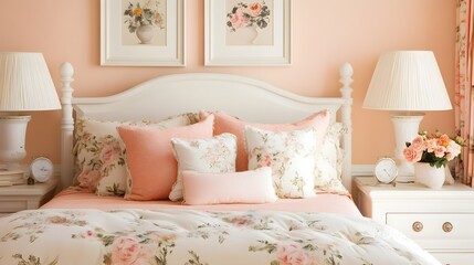 A peach and cream bedroom with floral prints, vintage decor, and a centered white frame.