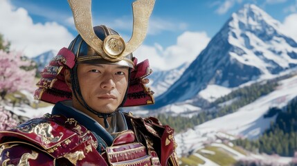 Obraz premium A person in ornate headgear and protective clothing, set against a backdrop of snow capped mountains and blooming trees in spring. The lighting is