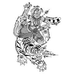 Thai traditional tattoo, Hanuman ride atiger (Hanman Kee Sueu). The meaning is believed to enhance power, prestige, courage, intelligence, protect against dangers, and bring success.