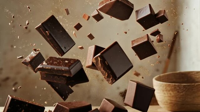 Chocolate Explosion: Dark chocolate chunks levitate in mid-air, creating a dynamic and delicious visual spectacle. A wooden bowl sits below, hinting at indulgence and rich cocoa flavors.