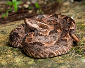 Obraz premium Close-up of a Coiled Brown Snake on a Rock