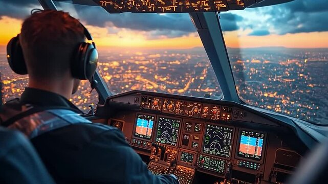 Above the City Lights: A pilot's perspective from the cockpit at sunset, overlooking a sprawling cityscape shimmering with countless lights.  The image evokes a sense of adventure and control.