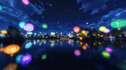 Luminous Lanterns and Delicate Mooncakes in a Serene Night Scene Embodying the Spirit of the Yuanxiao Festival