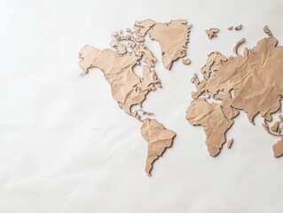 World map created from brown paper depicting ancient trade routes in realistic photography