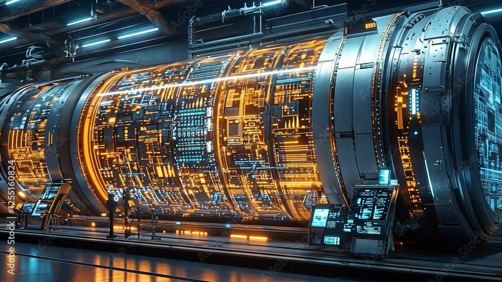 Poster cybernetic core: a futuristic and detailed interior showcases a massive, illuminated cybernetic core