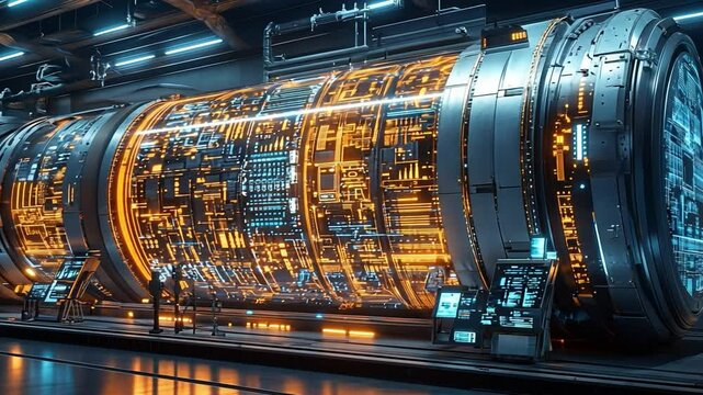 Cybernetic Core: A futuristic and detailed interior showcases a massive, illuminated cybernetic core. This advanced technology pulses with intricate circuits, glowing with warm light.
