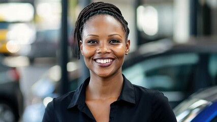 Confident and Ready: A portrait of a professional woman in a mechanic's workshop, radiating confidence and readiness as she confidently stares into the camera.  