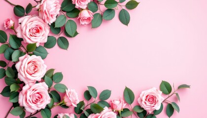 Obraz premium Pink roses with green leaves framing a pink background creating a floral border