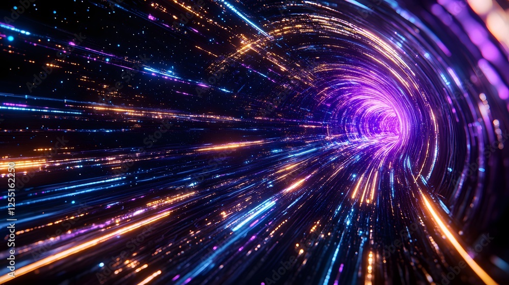 Poster futuristic light tunnel with rays of colorful particles and motion