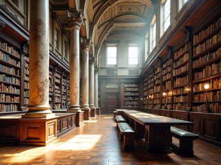 A historic library with grand marble columns, old wooden bookshelves, and rays of sunlight streaming through high windows