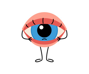 Redness and swollen eyelid of eye, cute character. Irritation, inflammation from overworked, allergy, dryness. Health eyesight. Vector cartoon illustration