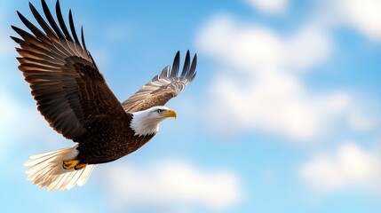 Obraz premium Majestic bird in flight against a soft, pastel blue sky with scattered, fluffy white clouds. The bird's wings are spread wide, showcasing detailed