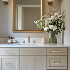 Elegant bathroom design featuring modern fixtures, natural light, and floral arrangements creating a serene atmosphere. Generative AI