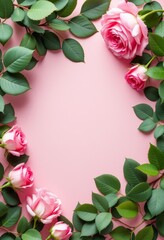 Fototapeta premium vibrant arrangement featuring soft pink roses and matching green leaves, set against pastel pink backdrop. composition exudes elegance, beauty, and delicate charm perfect for romantic 