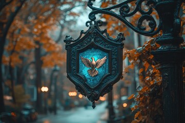 Fototapeta premium Ornate Dark-Metal Shield Sign Displaying Golden Peace Dove
