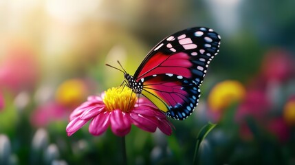 Fototapeta premium A colorful butterfly rests on a vibrant pink flower. Other flowers are softly blurred around it. Sunlight bathes the scene in a warm and cheerful