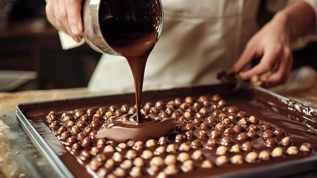 A chocolatier expertly pouring smooth melted chocolate over handmade pralines in a gourmet kitchen